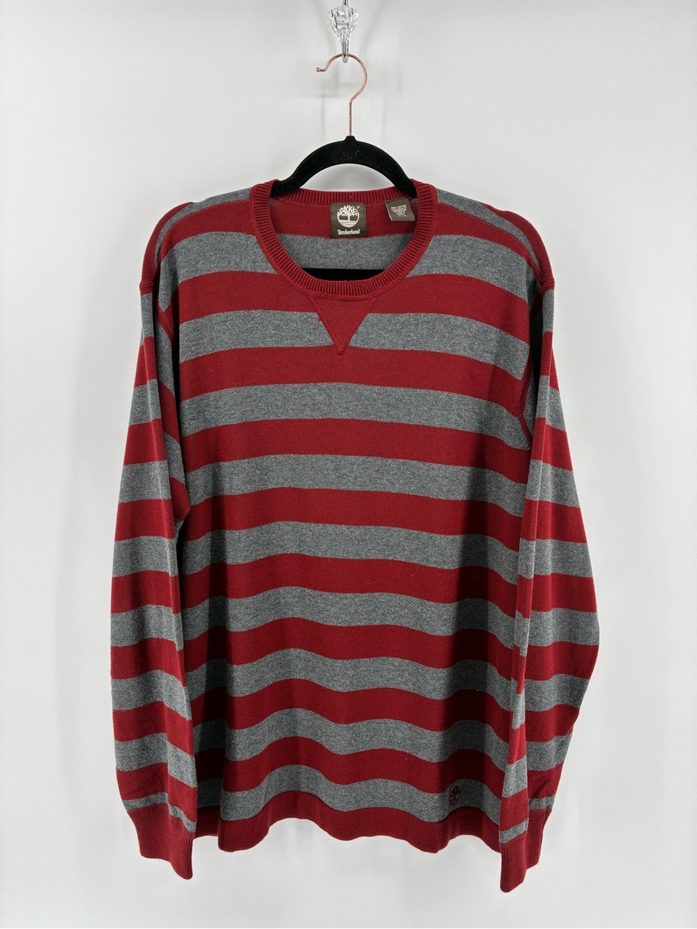 Timberland Men's Long Sleeve Gray and Red Striped Tee